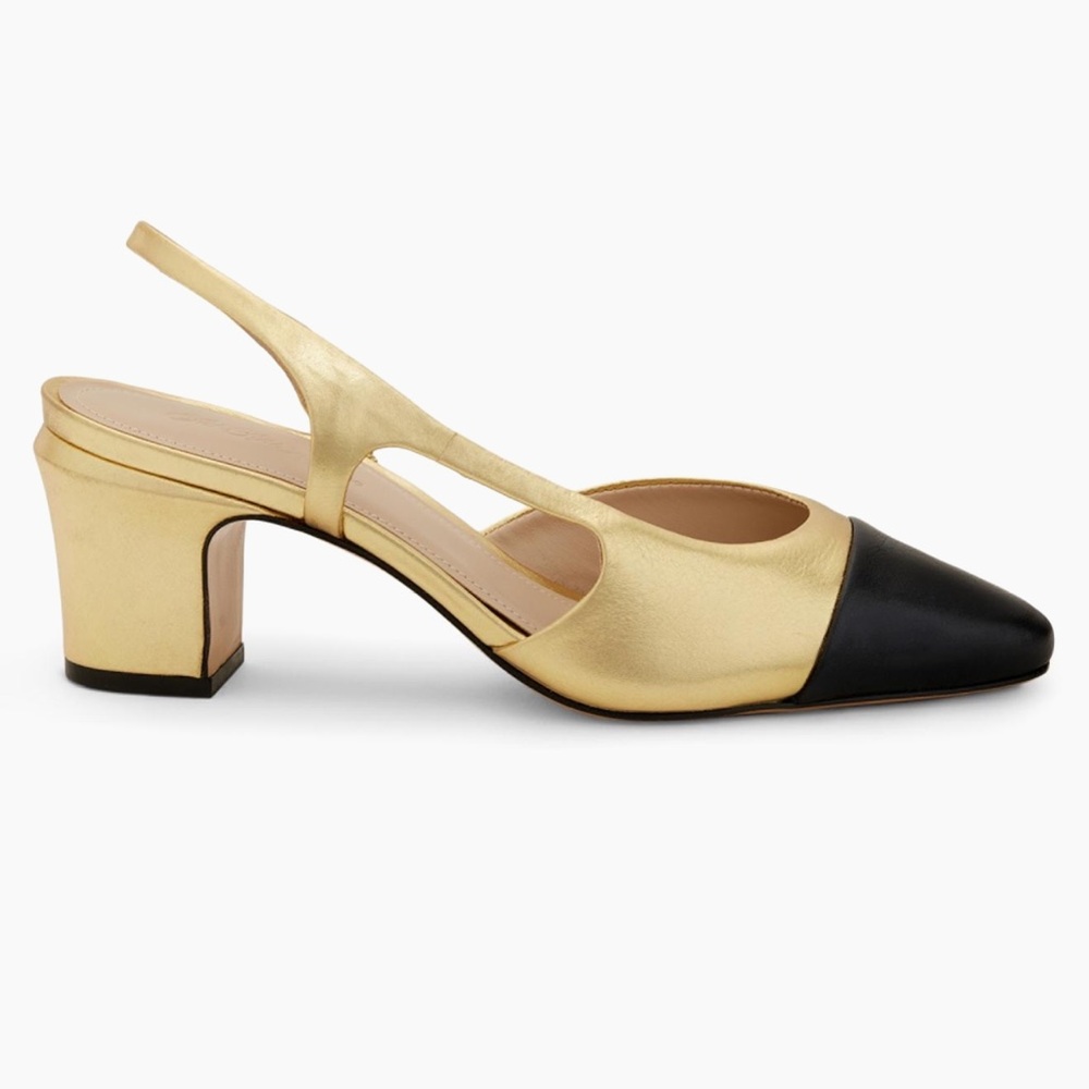 Saks Fifth Avenue Gold and Black Cap Toe Slingback Pumps